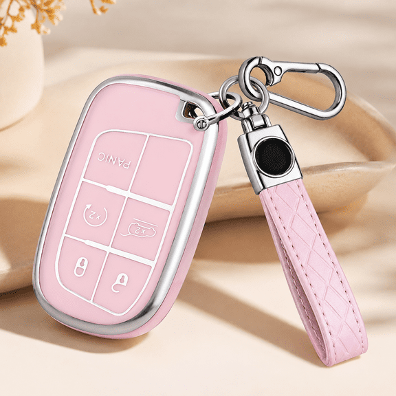 Bambang Pink 5-Button Key Fob Cover Compatible with Jeep, with Keychain, Soft TPU Vehicle Key Case, Fits Select Grand Cherokee, and Renegade Key Fobs