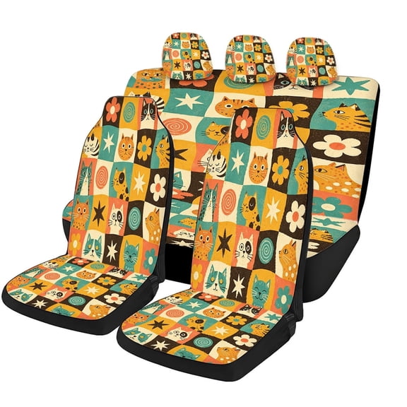 Taplevy Vivid Cat Patchwork Car Seat Covers Complete 5-Piece Set, Mesh Fabric Universal Fit Protectors for Sedans SUVs Pickup Trucks Vans, Retro Floral Geometric Auto Interior Decor Accessories