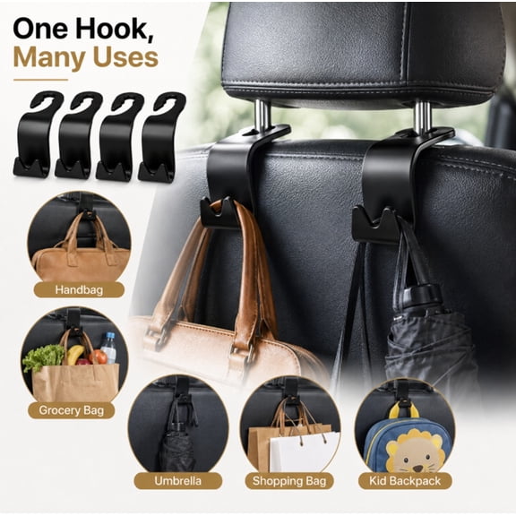 4 Pack Car Headrest Hooks, Purse and Bag Holder Hooks for Seat Back Storage, Vehicle Organizer Accessories, TIKA