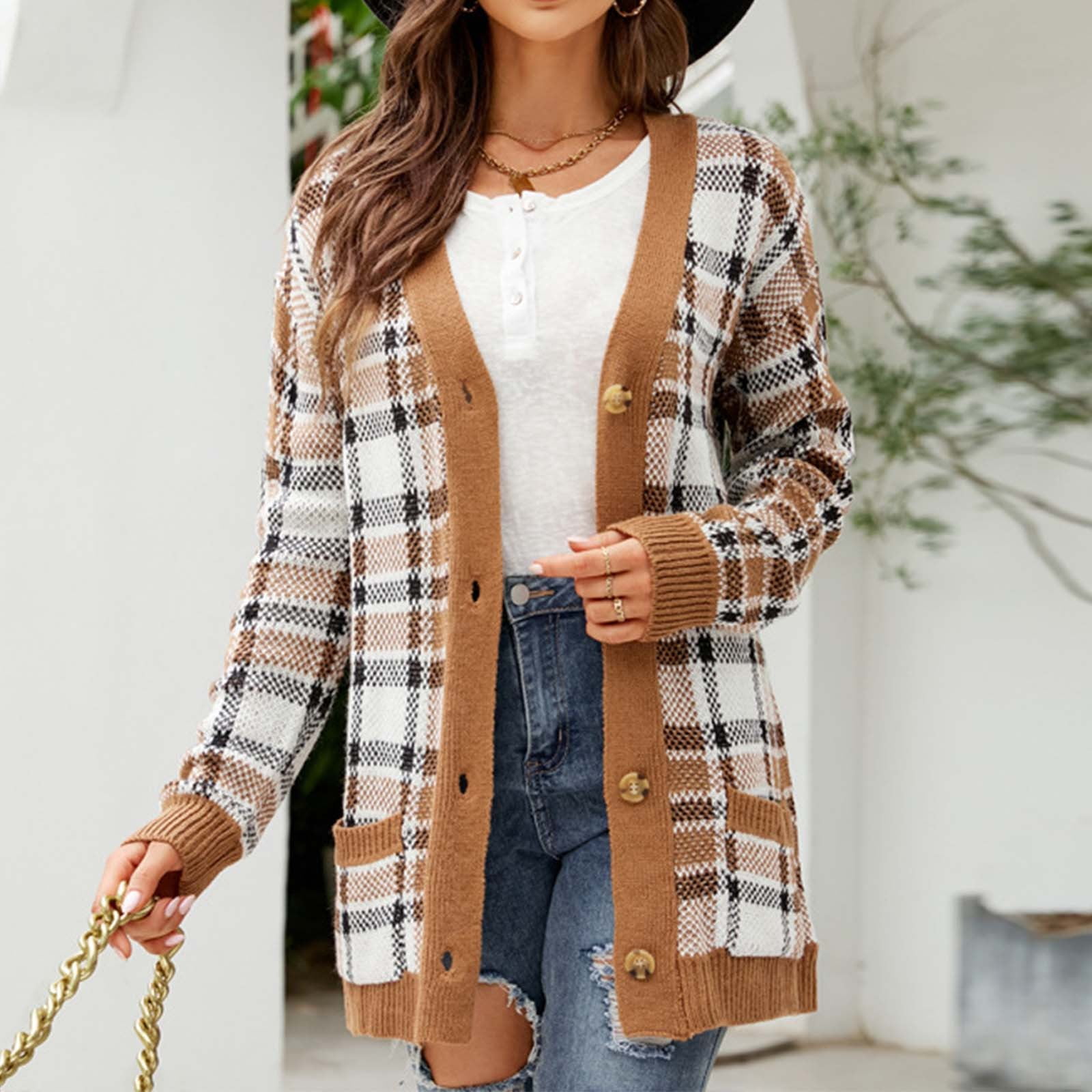Blvb Cardigan For Women Lightweight Fashion Printed Button V Neck Knitted Sweater Tops Long Sleeve Outwear With Pockets Brown