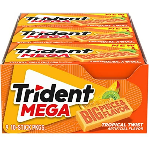 Trident Mega Tropical Twist Sugar Free Gum, 9 Packs Of 10 Pieces (90 Total Pieces)