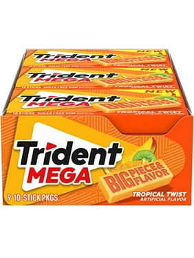 Trident Mega Tropical Twist Sugar Free Gum, 9 Packs Of 10 Pieces (90 Total Pieces)