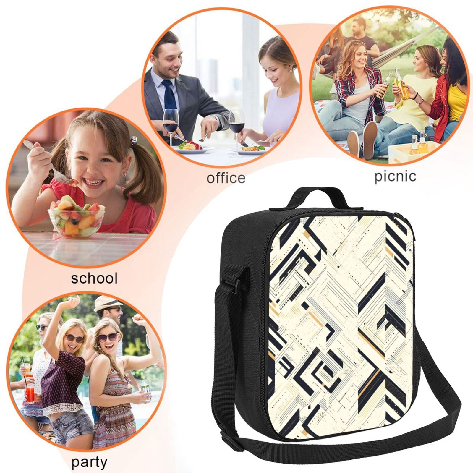Thermal Insulation One Shoulder Portable Bento Bag Can Be Reused 8×10.5in For Carrying Drinks Bento Box Fruit Snacks Darkorchid Geometric Lines Hand-Drawn Sketch_3
