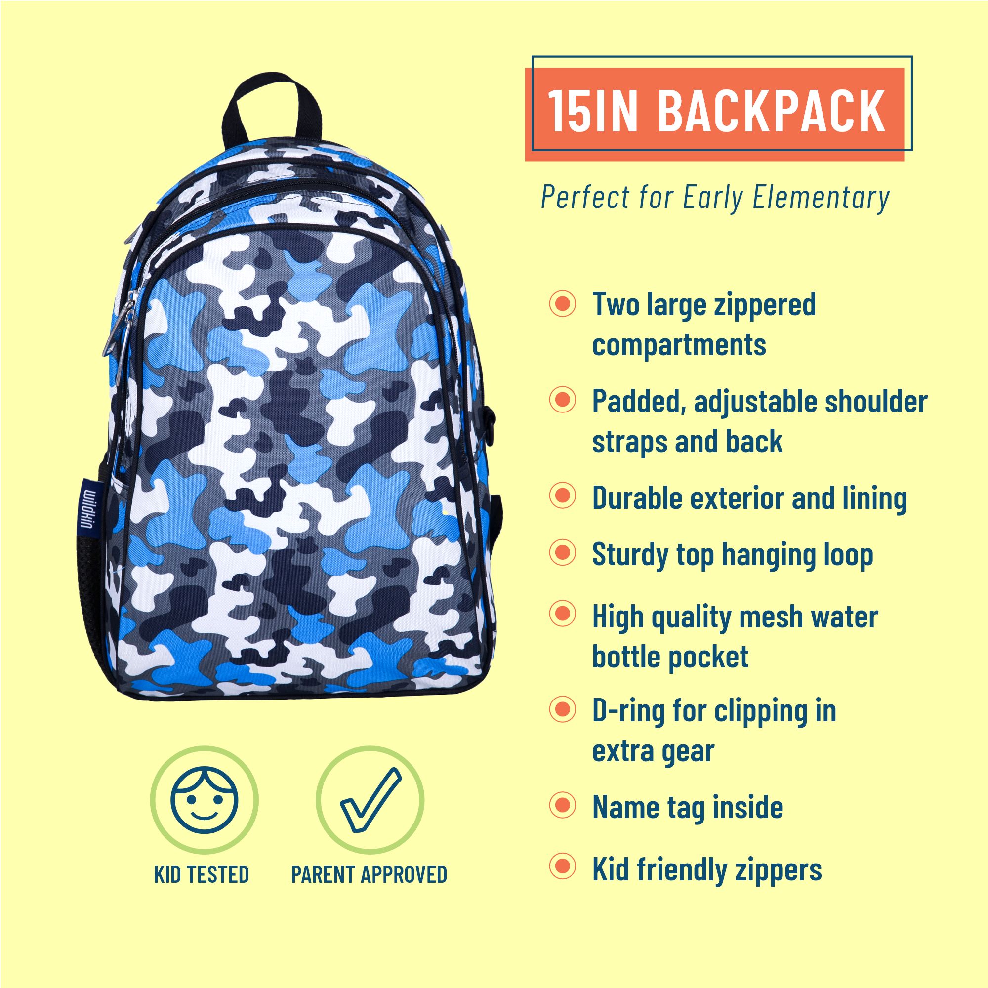 Wildkin Kids 15 Inch School and Travel Backpack for Boys and Girls (Blue Camo) - image 3 of 7