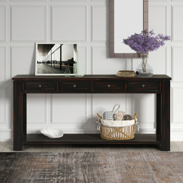 63" Entryway Table with Drawer, Pine Wood Narrow Console Table, Accent