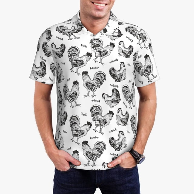 Fotbe Retro Rooster Camiseta Polo de Golf para Hombre con Estampado – Camisa Deportiva Transpirable con Cuello Abotonado-Large