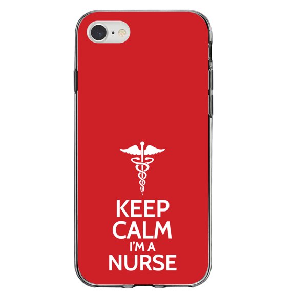 DistinctInk Clear Shockproof Hybrid Case for iPhone 7 8 SE (2020 Model) 4.7" Screen TPU Bumper Acrylic Back Tempered Glass Screen Protector - Red White "Keep Calm I'm a Nurse" Show Support for Nurses