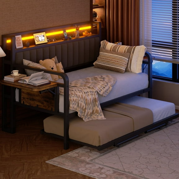 Anyact Daybed with Side Table/Charging Station/Upholstered Storage Headboard/LED Light/Pop-upTrundle, Industrial Heavy Duty Metal Twin Sofa Bed Frame for Guest Living Room/Bedroom,Black&Brown