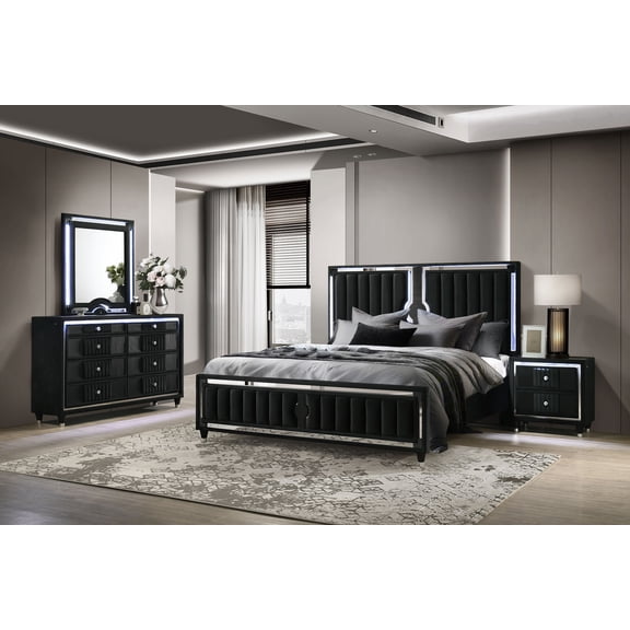 Coaster Ravenne 4-Piece Velvet Upholstered Queen LED Bedroom Set, Black