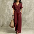 thumbnail image 6 of Women's V Neck Short Sleeve Jumpsuit Cinched Waist Casual One Piece Romper with Long Pants Summer Fashion Outfit Wine S(S), 6 of 6