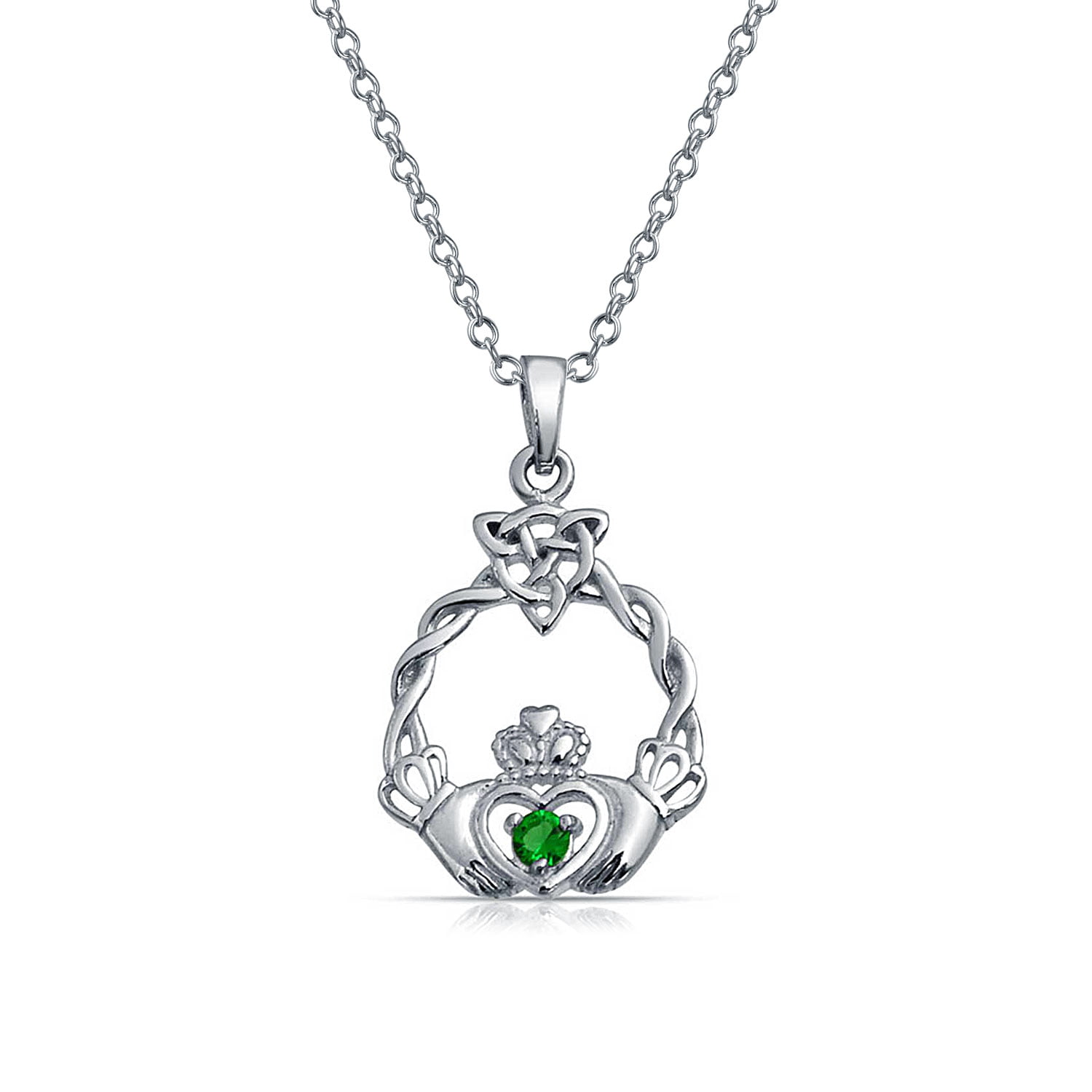 Circle Simulated Ruby Cubic Zirconia Claddagh Pendant Sterling Silver