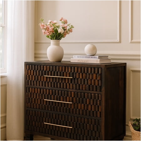 JERFIT Solid Wood 3-Drawer Dresser Chest Mocha Brown Bedroom Storage Organizer with Carved Details