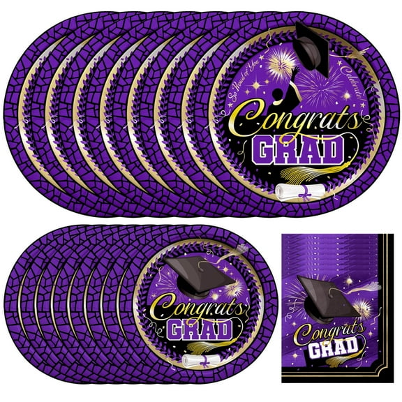 Purple Graduation Party Tableware Starter Set for 24 Guests
