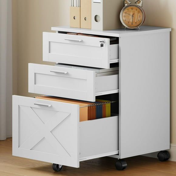 QinaQin Lockable Filing Cabinet, Mobile Wooden Filing Cabinet for Home and Office, with Under-Desk Storage and Organization