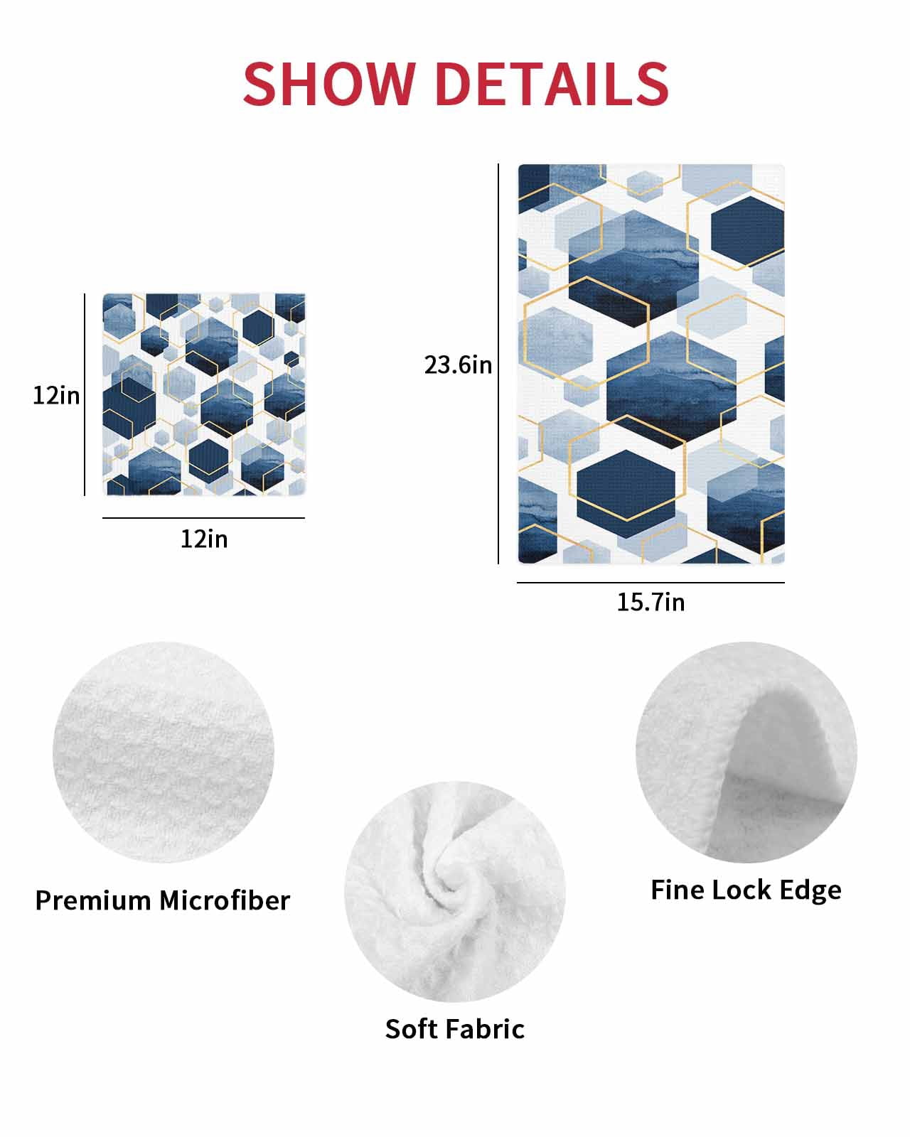 Navy Blue Marble Kitchen Dish Towels for Drying Dishes Set of 2, Gold White Geometric Hexagon Modern Waffle Weave Microfiber Hand Tea Bathroom Towels Quick Dry & Absorbent Towel 15.7x23.6
