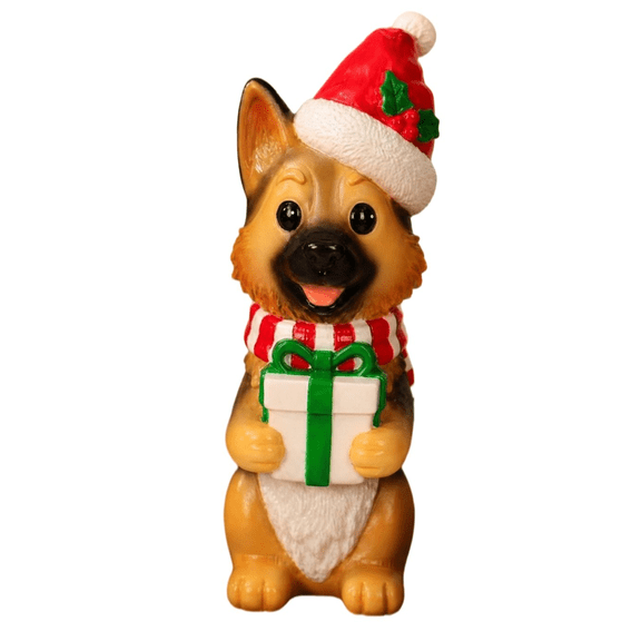 CHJK Lighted German Shepherd Blow Mold Christmas Decoration, 8Inch Christmas Light Up Animal Figurines with Santa Hat and Gift Box, Vintage Xmas Dog Decor for Bedroom Home Decor Xmas Gift