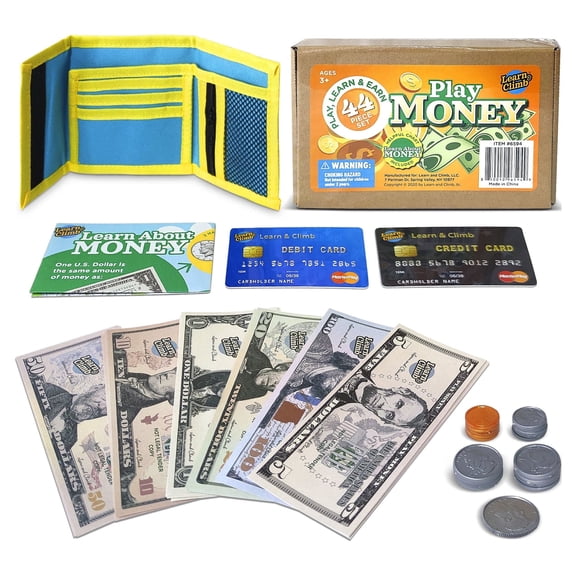 Play Money Wallet Set for Kids - Paper Bills, Coins, Wallet & Pretend Play Credit Card