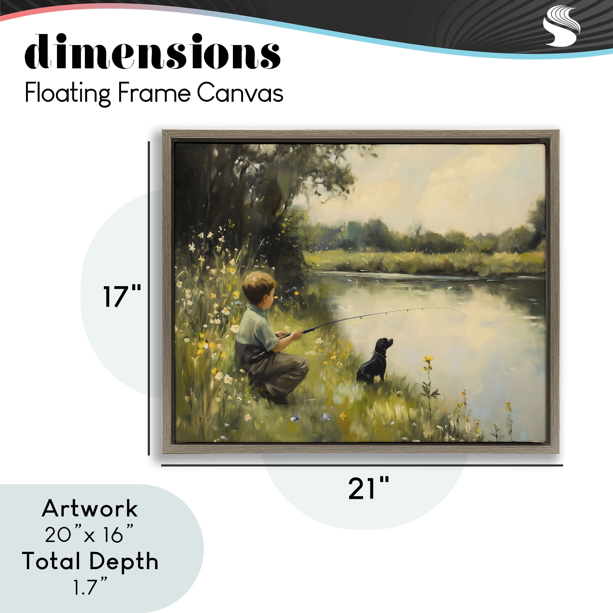 Boy & Puppy Fishing Brown Framed Floater Canvas Wall Art, design by Arlington Prints