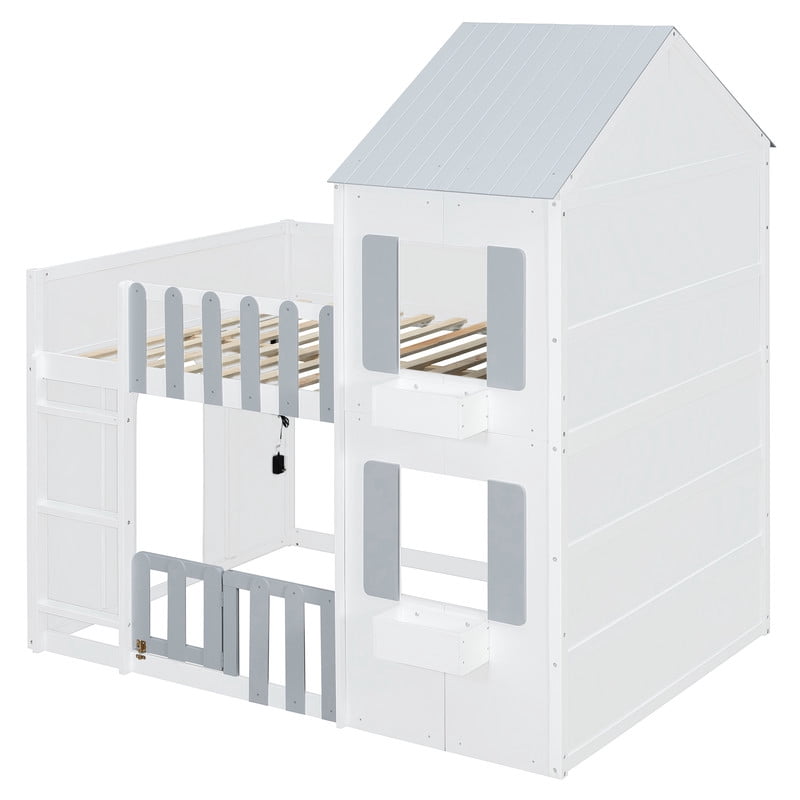 Full over Full House-Shaped Bunk Bed with Roof and Window, Kids/Teens Playful Designed Bed Frame with Fence and LED Light
