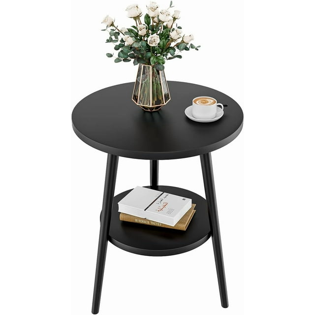 Table d'Appoint Table de Chevet Ronde 2 Niveaux Blanche Table de Chevet Moderne Table de Bout Table Basse pour Salon, Chambre Assemblage Facile (Noir, 2 Niveaux)