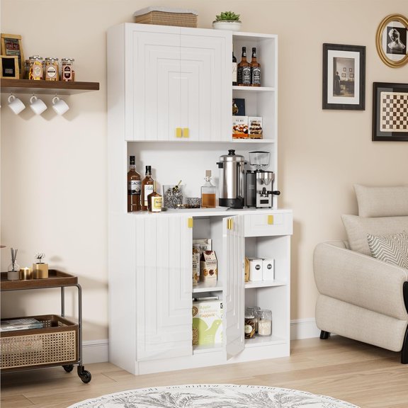 White Kitchen Pantry Cabinet, 71" Hutch Cabinet with Countertop & Power Outlet & Adjustable Shelves, High Gloss Wood Buffet Cabinet with Microwave Stand for Living Room, Dinning Room
