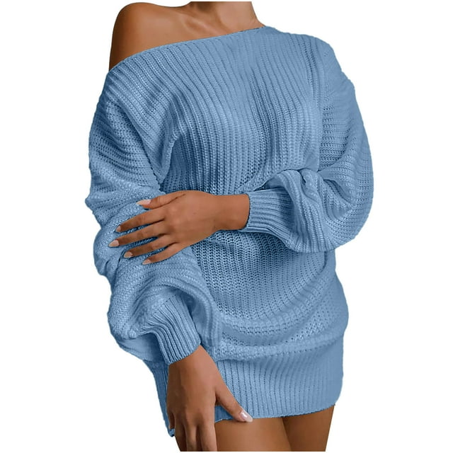 Pompotops Robe Pull en Tricot à Manches Lanternes Décontractée pour Femmes