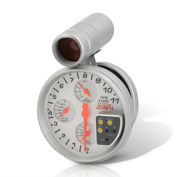 AJP Distributors Universal JDM Sport 5" White Face 4-in-1 Tachometer 11K RPM Tach Gauge w/ Oil / Water Temperature Pressure External Adjustable LED Shift Light Replacement Upgrade