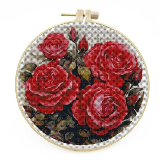 DIY Stamped Cross Stitch Kits with Hoop Red Roses for Beginners Easy 11CT Needlepoint Embroidery Counted Cross Stitch Kits Art Craft Wall Decoration and Gift 33x33cm