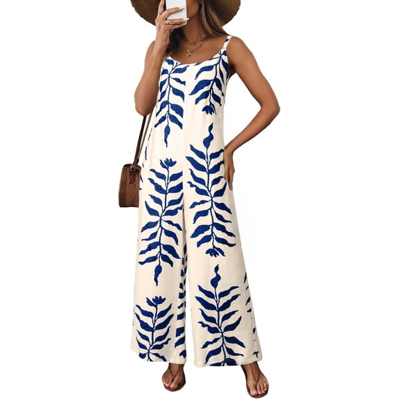DOKOTOO Jumpsuits for Women Casual Sleeveless Spaghetti Strap Boho Wide Leg Jumpsuits with Pockets Sky Blue M US8-10