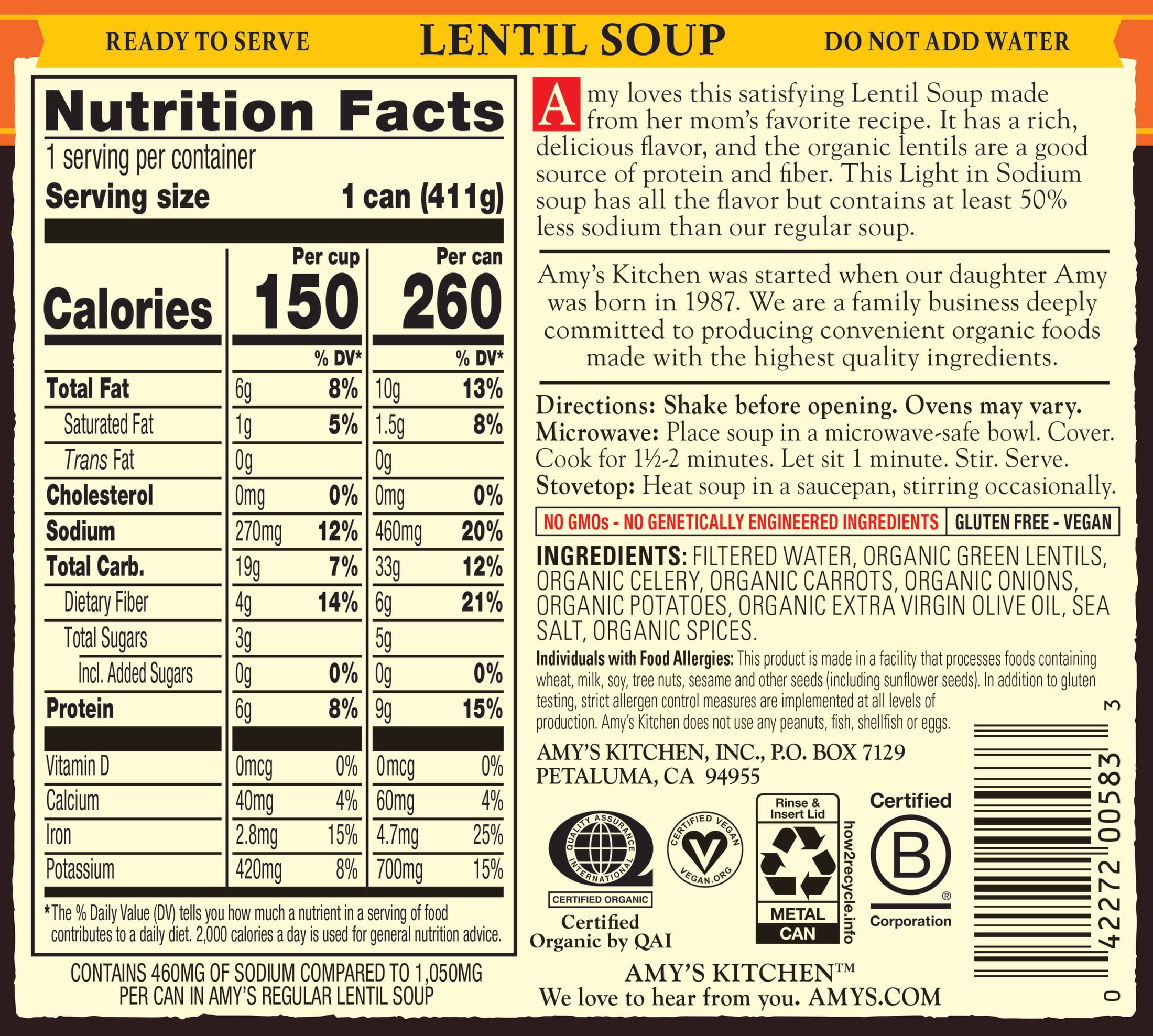 Amy’s Soup, Organic Light in Sodium Lentil Soup, Made With Organic Lentils, Canned Soup, 14.5 Oz