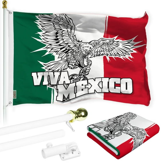 G128 Combo Pack: 6 Ft Tangle Free Spinning Flagpole (White) & Mexico Viva Mexico Flag 3x5 Ft Printed 150D Polyester, Brass Grommets (Flag Included) Aluminum Flag Pole