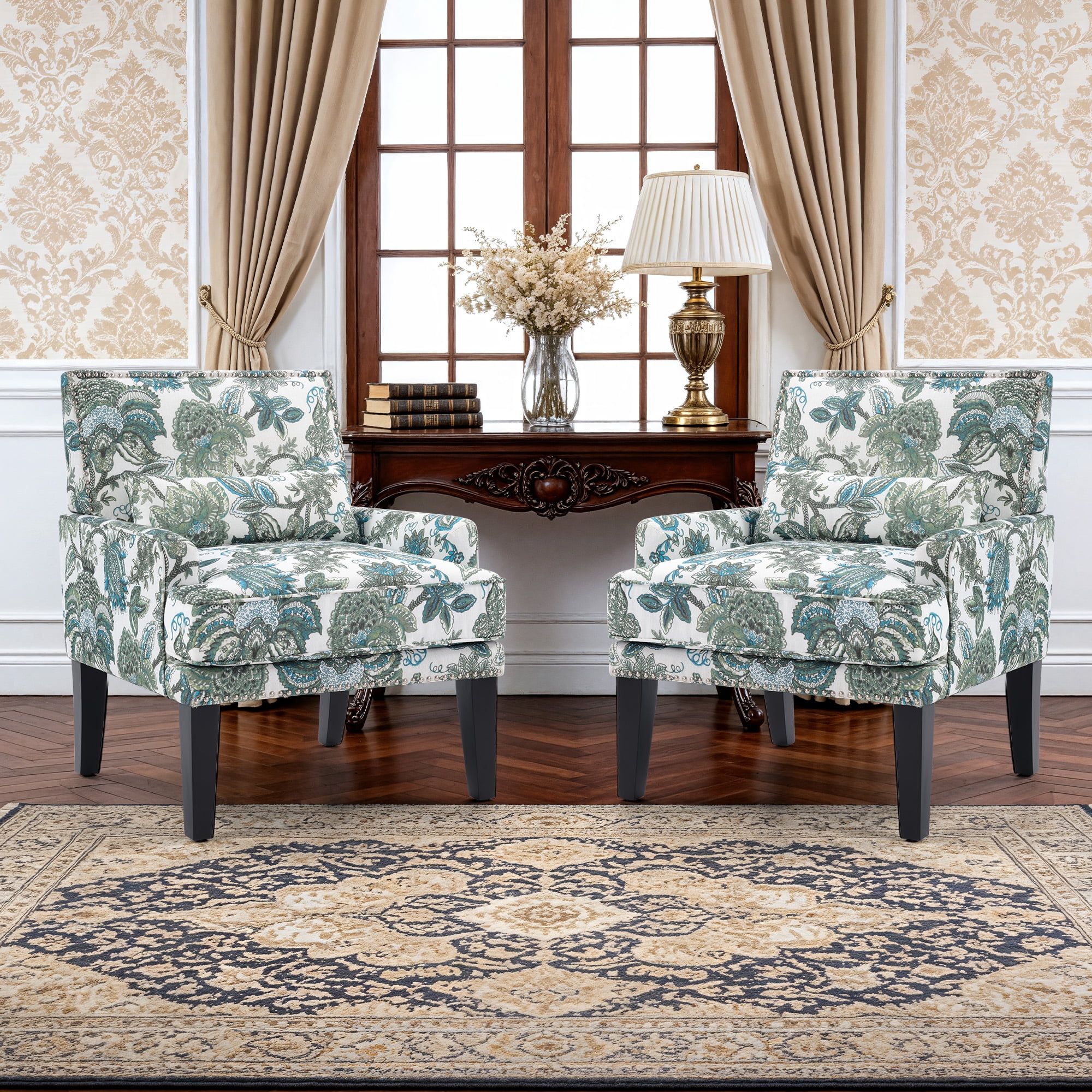 Bonzy Home Modern Floral Print Accent Chair with Arms and Wooden Legs, 2-Pack Mid‑Century High‑Back Wing Chair with Padded Armrests & Cushioned Seat for Living Room, Blue Green Floral