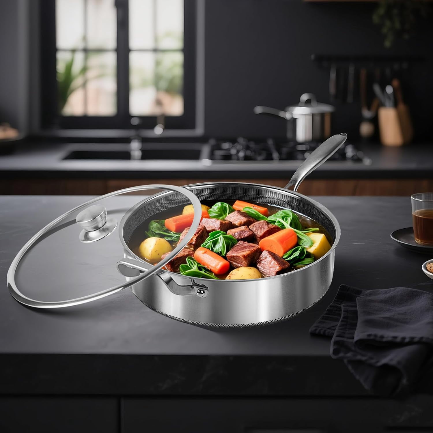 Frying Pans Nonstick wih Lid, Non Stick Tri-Ply Stainless Steel Saute Pan, 8 Quarts Large Sauté Pan, 13.5 Inch Induction Cooking Pan, Dishwasher and Oven Safe