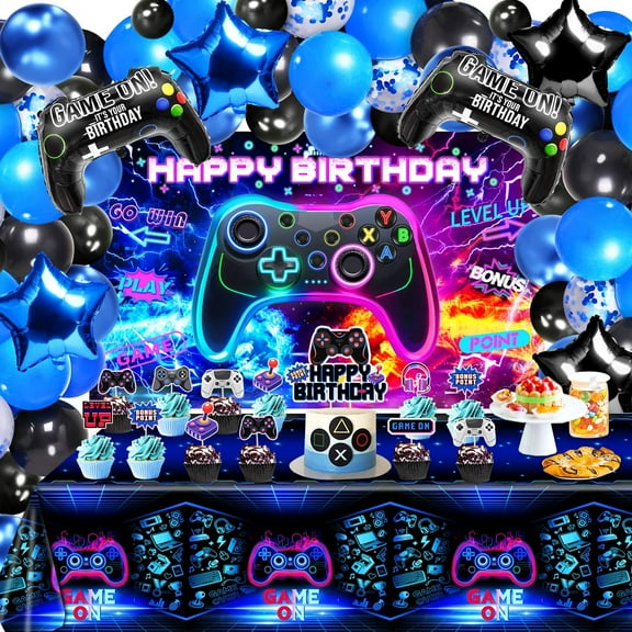 Video Game Birthday Decorations - Game KKS1 Birthday Party Decorations Includes Backdrop, Foil Balloons, Tablecloth, Cake Toppers, Balloon Arch Kit for Boy Game Birthday Party