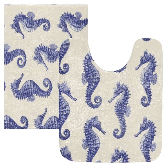 2 Piece Bath Mat Set with U-Shaped Toilet Mat and Rectangle Bath Rugs Non Slip Machine Washable Bathroom Mats Indigo Blue Seahorses Pattern