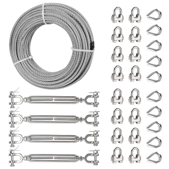 TooTaci 3/16" 100FT Stainless Steel Wire, 7x19 Strands Cable with Turnbuckle, Clamp & Thimble for Clotheslines, Zipline, Fencing, Outdoor Hanging