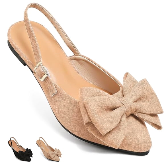 CHICVOMEY Flats for Women Bow Pointed Toe Slingback Adjustable Buckle Ballet Flats with Memory Foam Ballet Flats