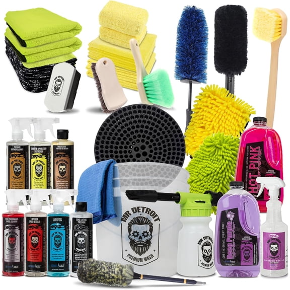 Mr. Detroit - 29pc Car Wash Kit with Foam Blaster, Soap, Bucket, Towels, Glove, Mitt, Sprayer Bottle, Degreaser, Brushes, Pads, Tire Shine, Wheel Cleaner, Exterior Interior Detailing for Vehicles