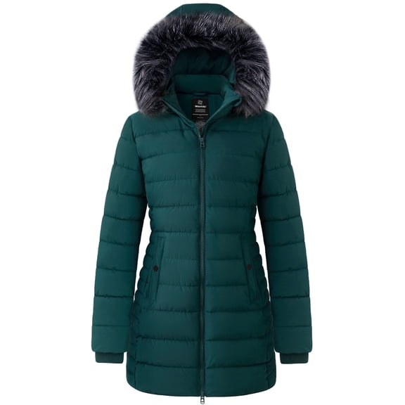 Wantdo Women's Winter Jacket Mid-Length Winter Coat Hooded Puffer Jacket Blackish Green L
