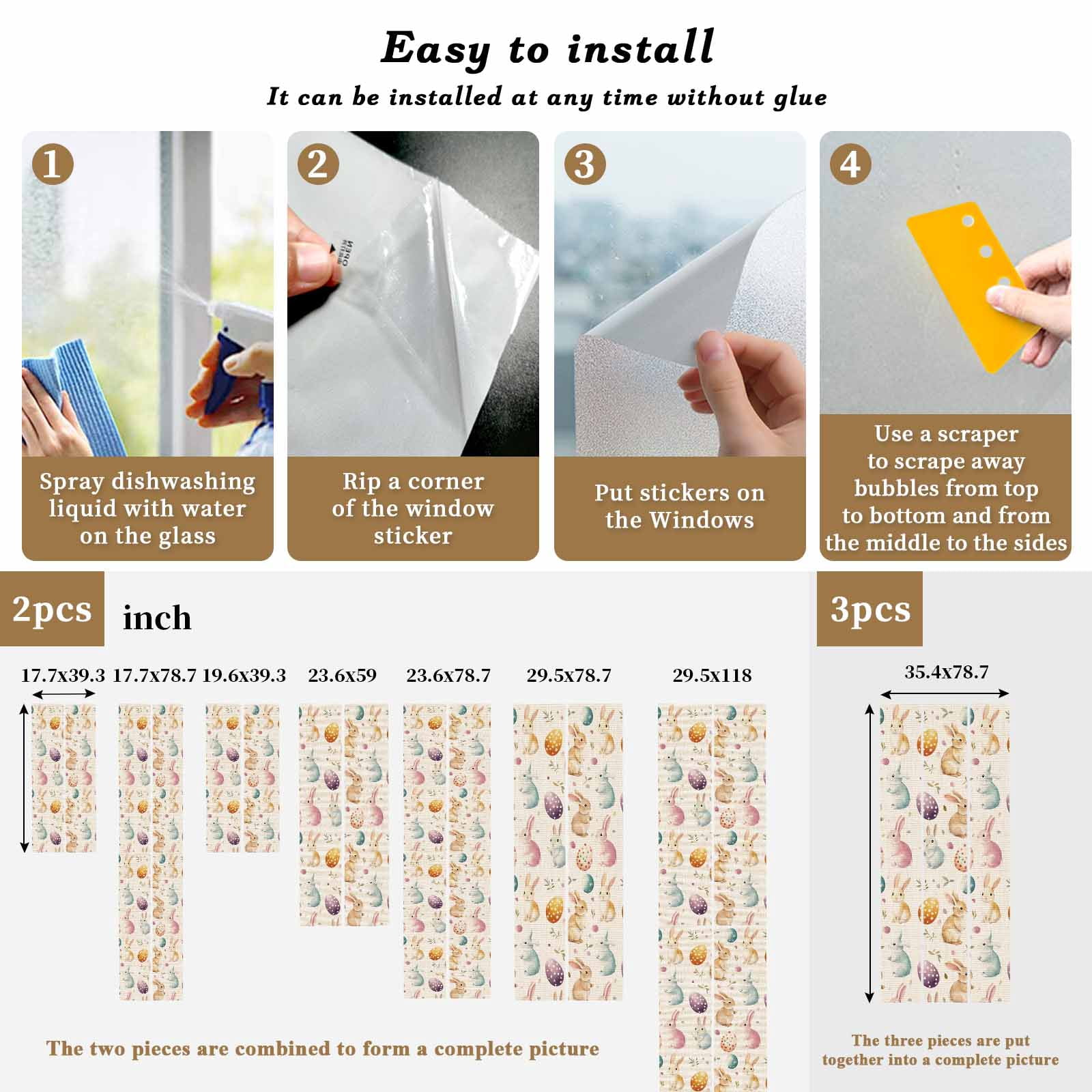 Easter Rabbit Egg Window Privacy Film, Leaf Floral Frosted Glass Window Clings Static Cling UV Heat Blocking Reusable Door Sticker for Bathroom 23.6 x 59 Inch