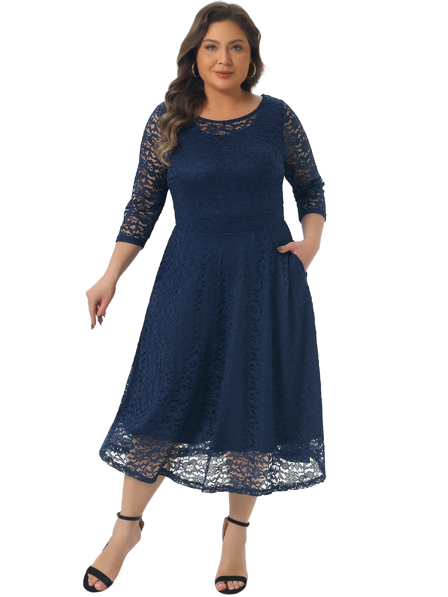 DARING DIVA Women's Plus Size Floral Lace 3/4 Sleeves Pocket Cocktail Dress 2X Navy Blue