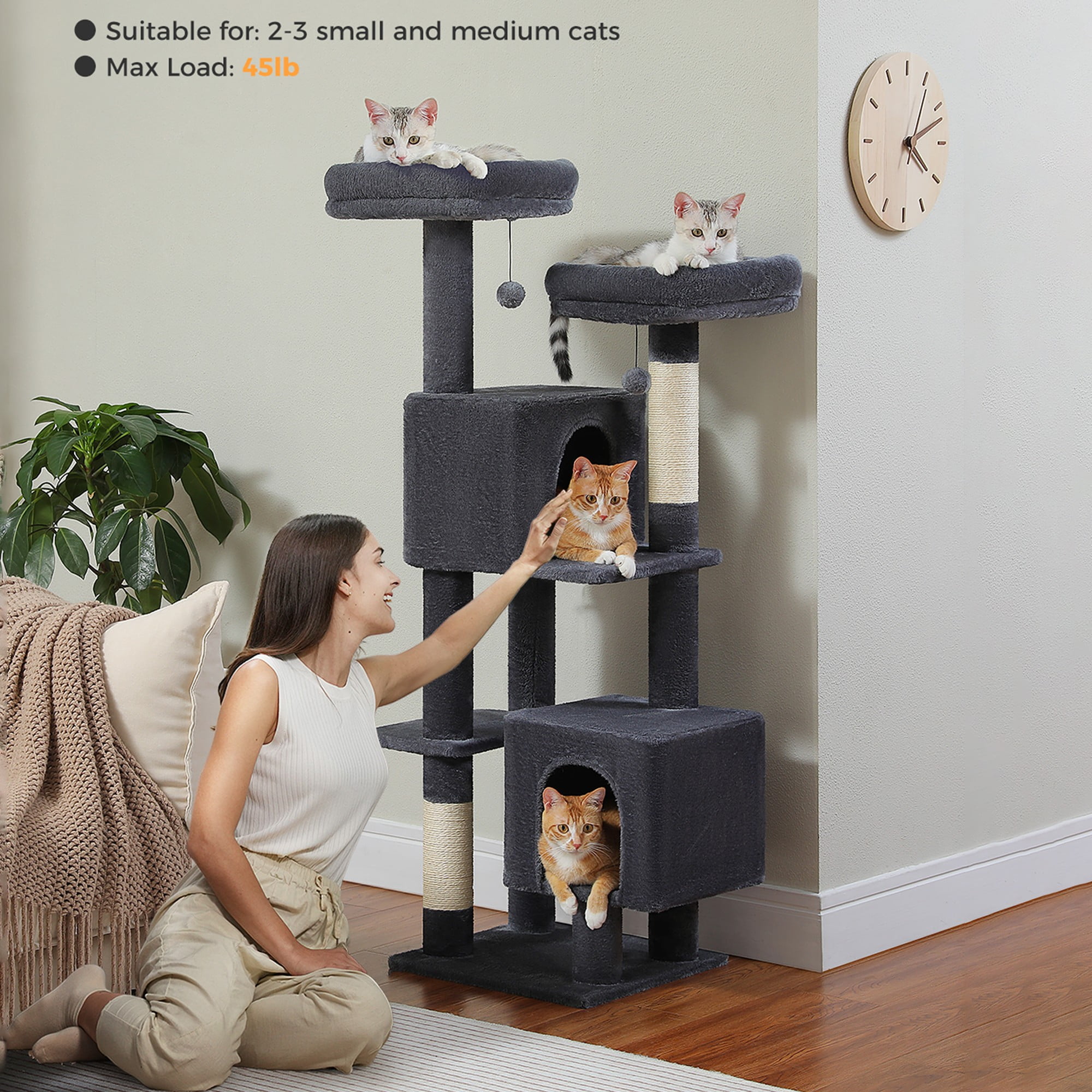 resenkos 52" Cat Tree Tower with 2 Scratching Posts, 2 Perches, 2 Caves, Pompoms, Multi-Level Plush Cat Condo for Indoor Cats, Gray