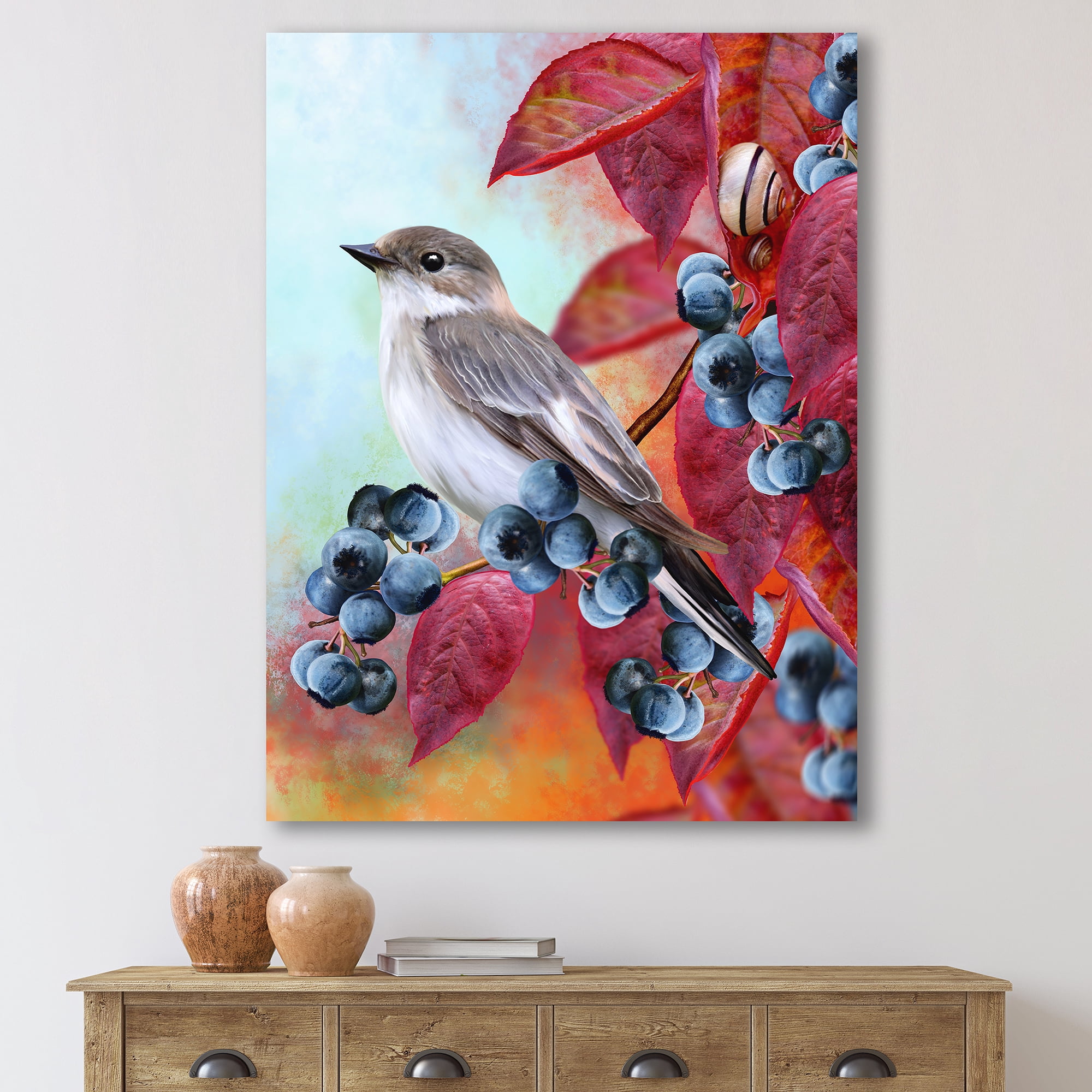 Designart ' Close Up Little Gray Bird On Red Autumn On Blueberry Twig ' Traditional Canvas Wall Art Print