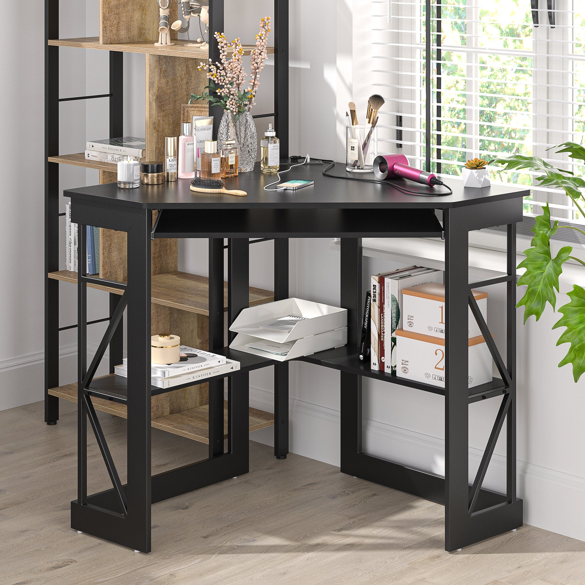 VECELO Corner Computer Desk with Charging Station, 90 Degree Triangle Writing Study Table with Keyboard & Storage Shelves for Small Space, Black