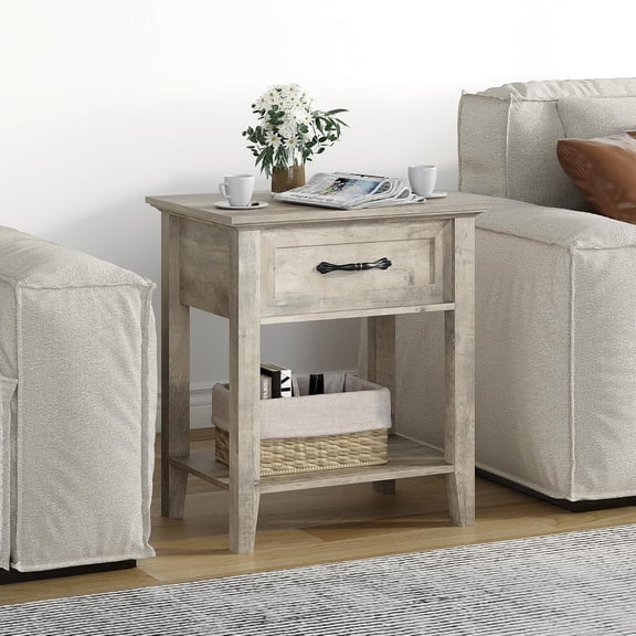 GarveeHome Nightstands, End Table with Drawer, Side Table for Living Room, 2 Tiers Storage Shelves Bedside Table, Grey