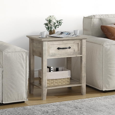 GarveeHome Nightstands, End Table with Drawer, Side Table for Living Room, 2 Tiers Storage Shelves Bedside Table, Grey