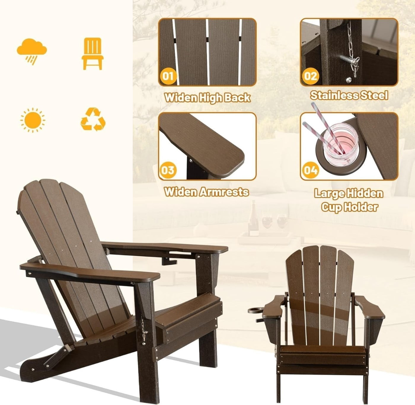 Folding Adirondack Chair, HDPE Outdoor Chair with Cup Holder, Weather Resistant Patio Chair with Wood Grain Finish for Lawn, Deck, Fire Pit, Brown