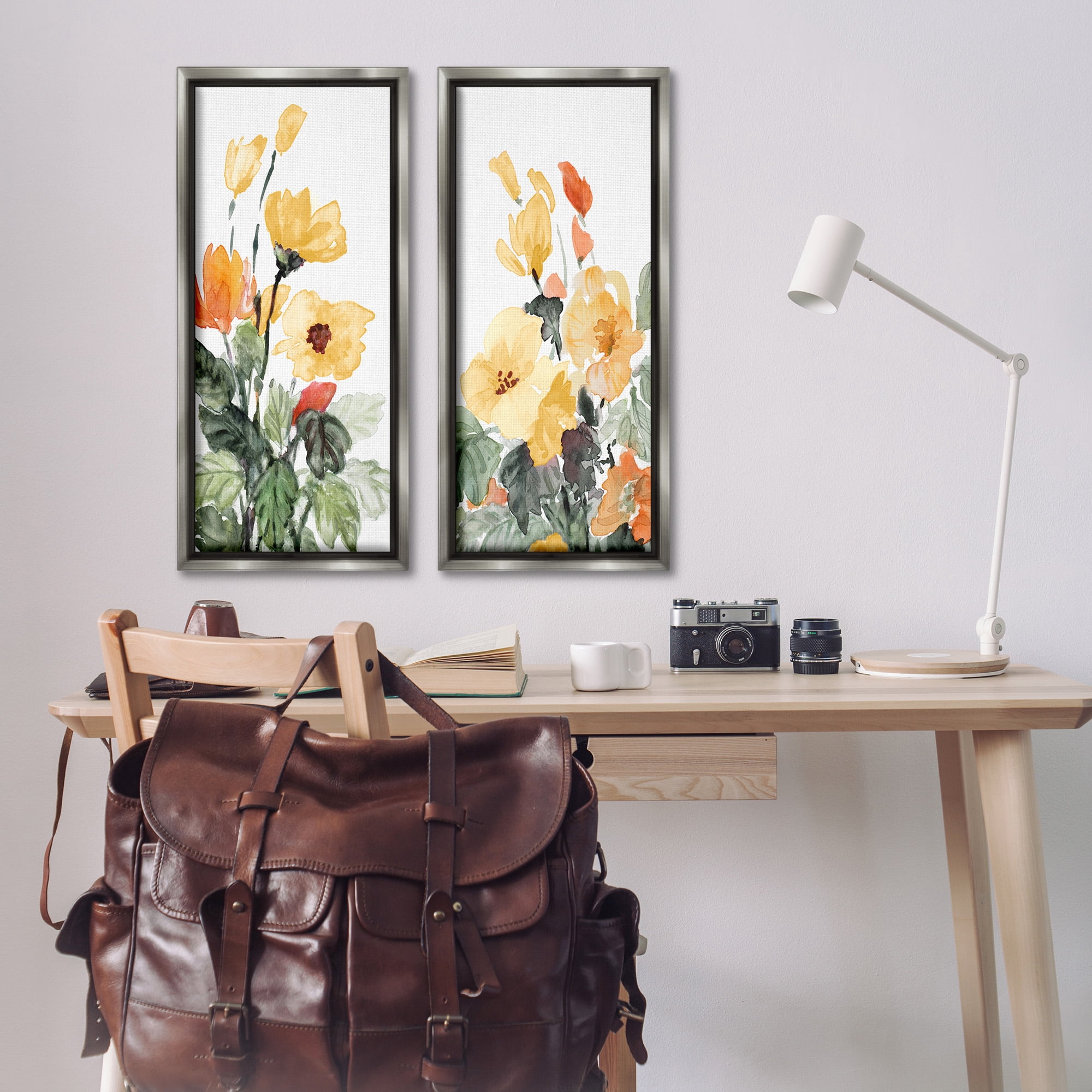 Stupell Industries Yellow Spring Flowers Botanical & Floral Painting Gray Floater Framed Canvas Art Print Wall Art, 15 x 31, Set of 2