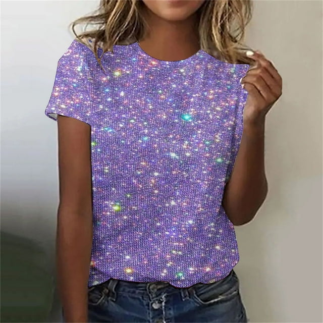 LOVZFMLL Women's Summer Tops Casual Sparkling Crystal Printed Round Neck Short Sleeved