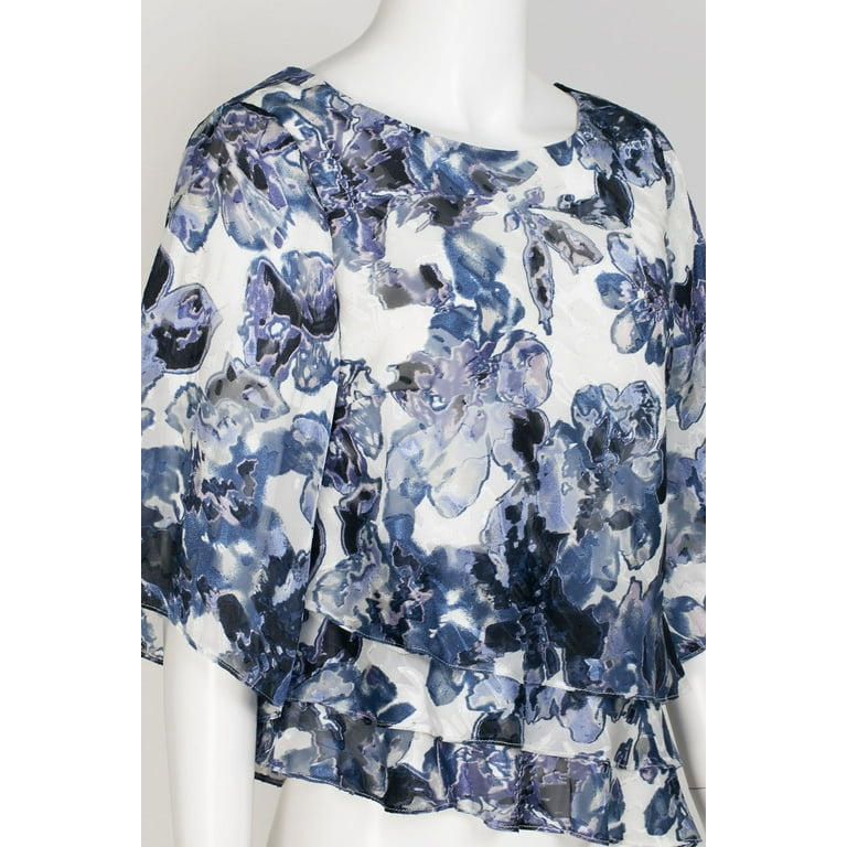 Alex Evenings Boat Neck 3/4 Sleeve Multi Print Asymmetrical Triple Tier Hem Chiffon Top-IVORY MULTI / SP